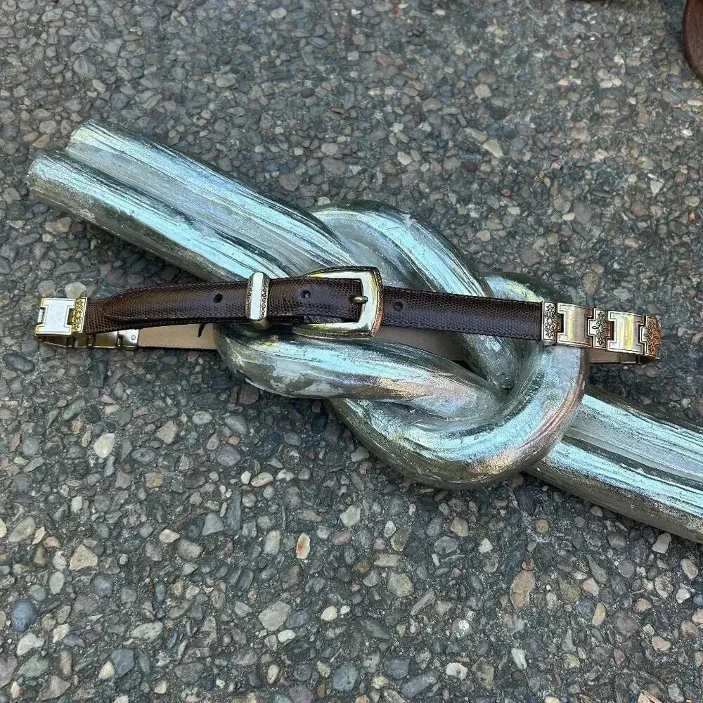 Brighton Brown Leather Gold Engraved Metal Link Belt Size Medium